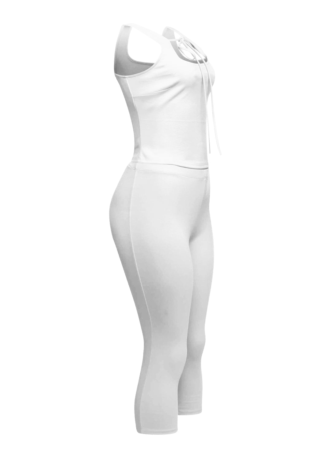 Minimalist white two-piece set featuring a tie-front tank top and fitted capri pants, perfect for a clean and modern look.
