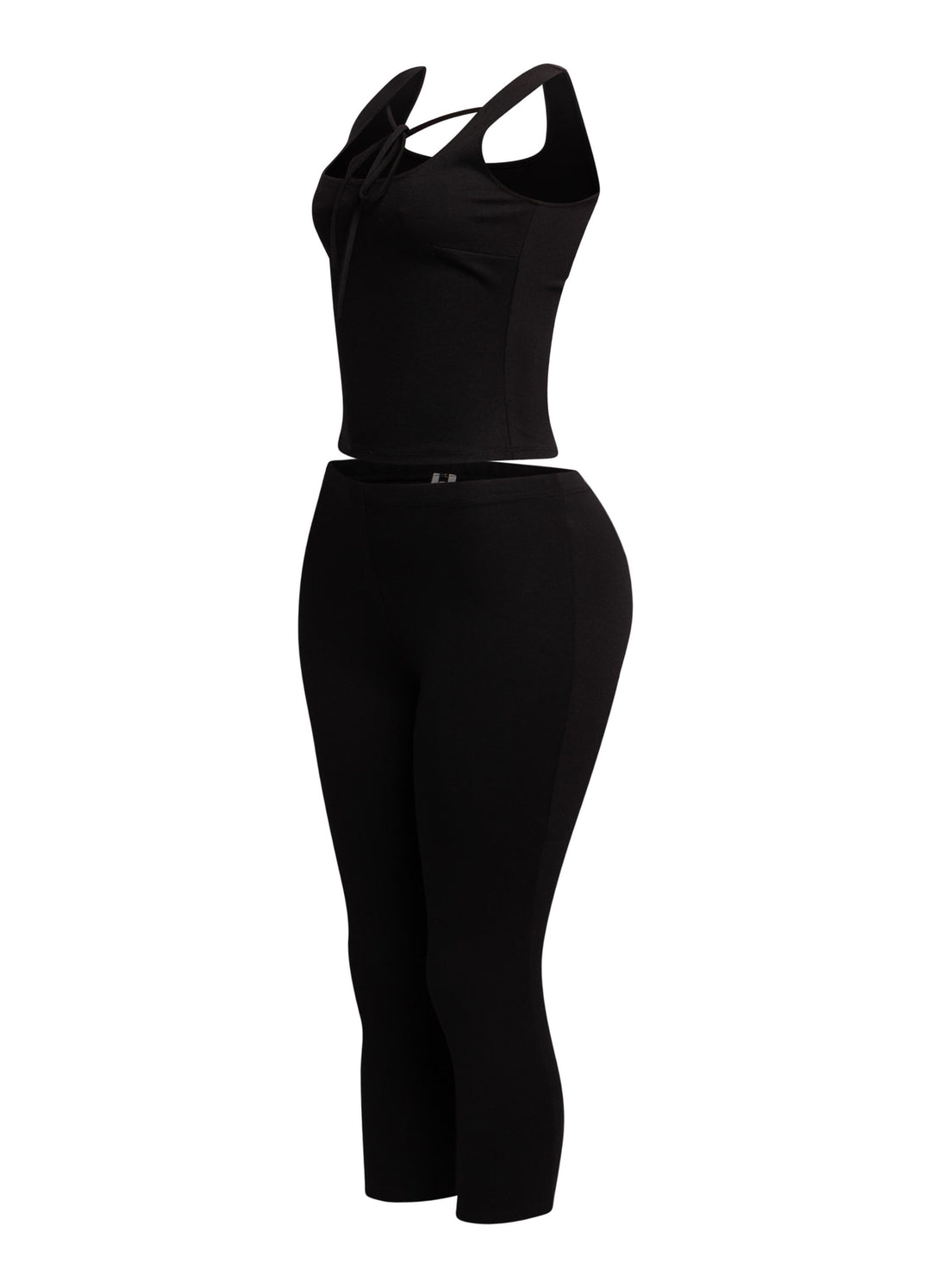 Sophisticated black tank top with a tie-front detail and matching capri pants, ideal for a sleek, fashion-forward vibe.
