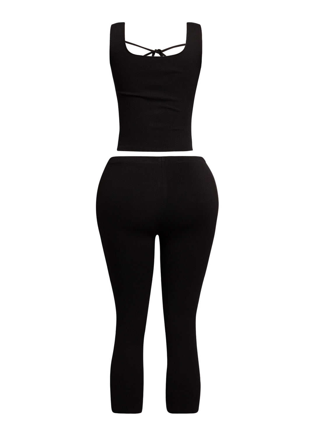 Trendy black tie-front tank top and capri pant set, designed for stylish and effortless day-to-night transitions.