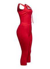 Stylish red tie-front crop tank and capri pant set, perfect for casual outings or statement summer fits.