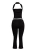 Minimalist yet striking black two-piece set featuring a halter top and cropped capri pants, perfect for nights out.