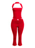 Bold red halter top and capri pant set, designed for a striking and confident party look.