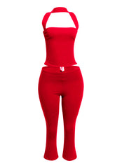 Bold red halter top and capri pant set, designed for a striking and confident party look.