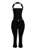 Sleek black halter top and fitted capri pant set, perfect for edgy, on-trend party looks.