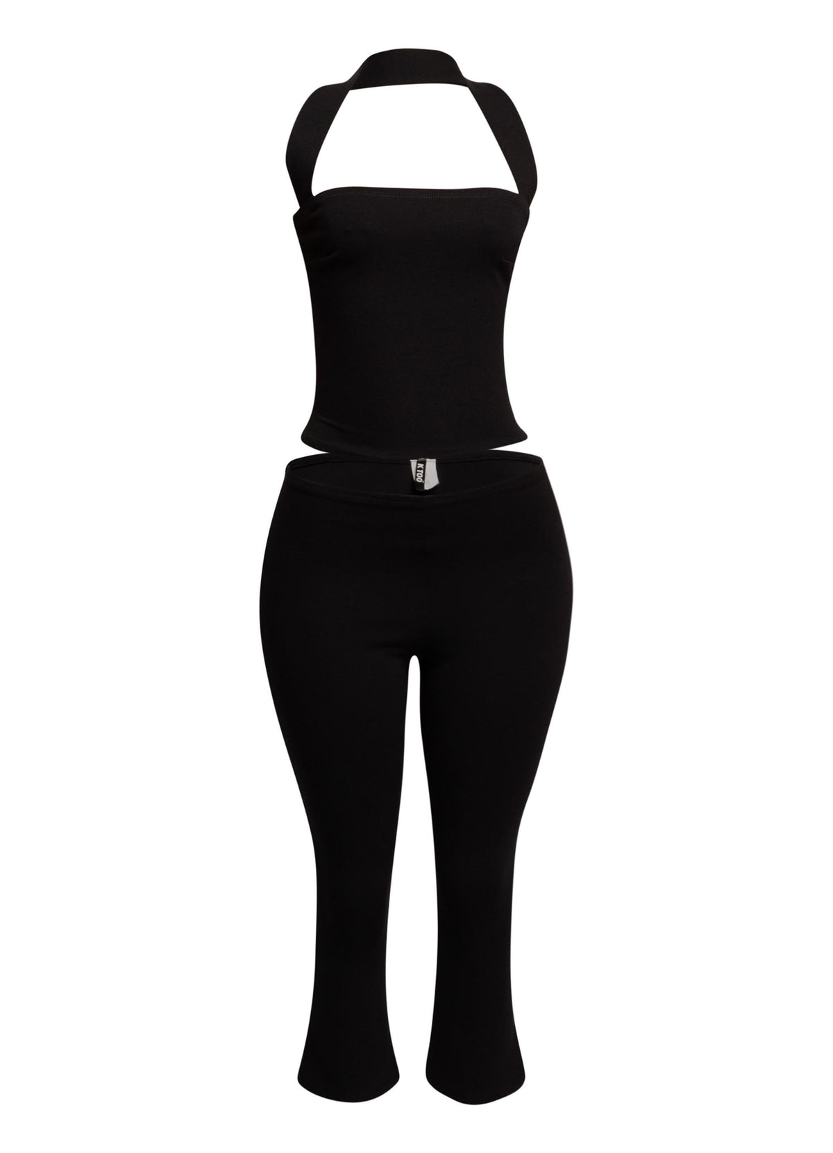 Sleek black halter top and fitted capri pant set, perfect for edgy, on-trend party looks.