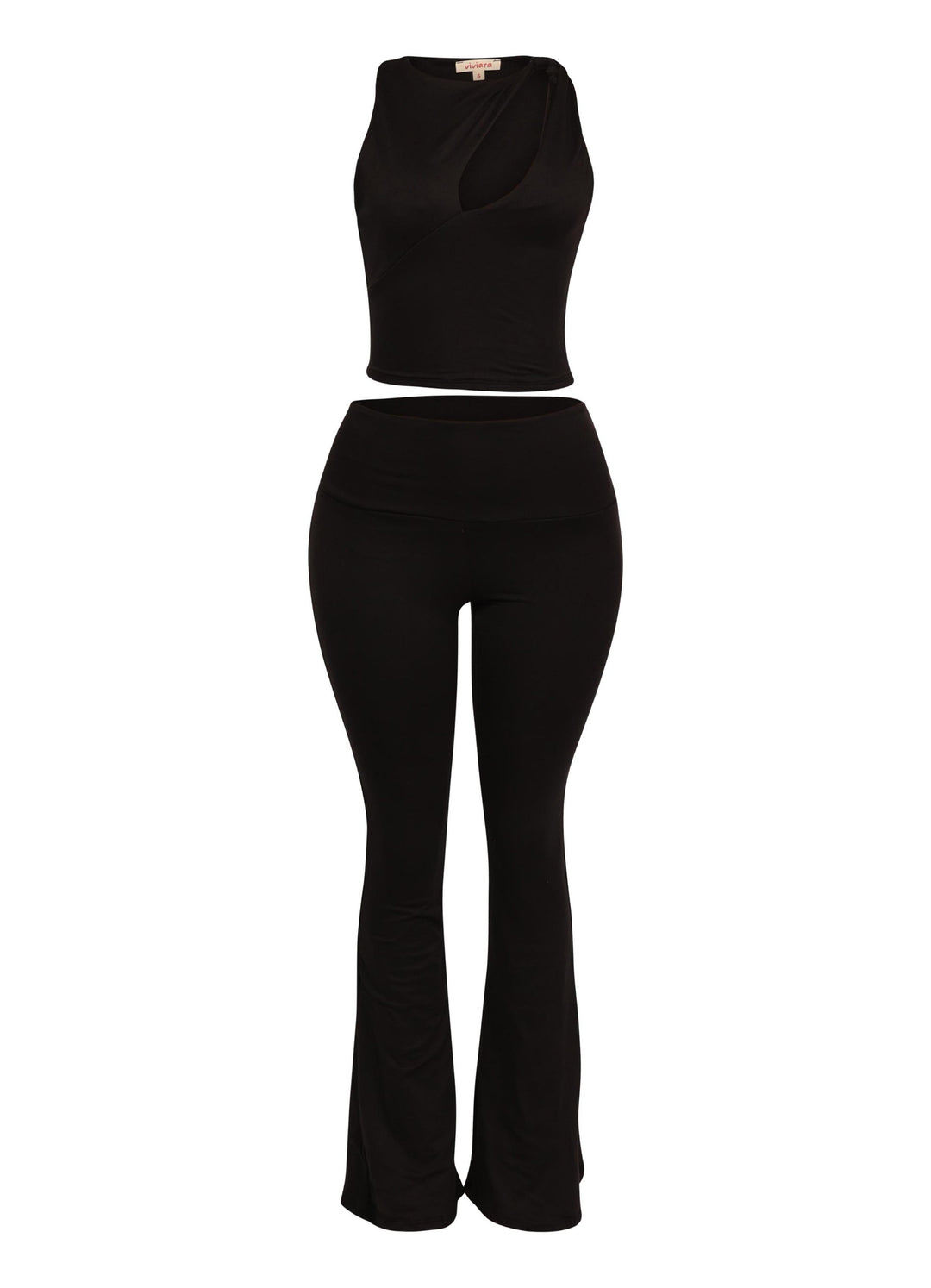 Trendy black co-ord outfit with cut-out top and high-rise pants designed to elongate legs

