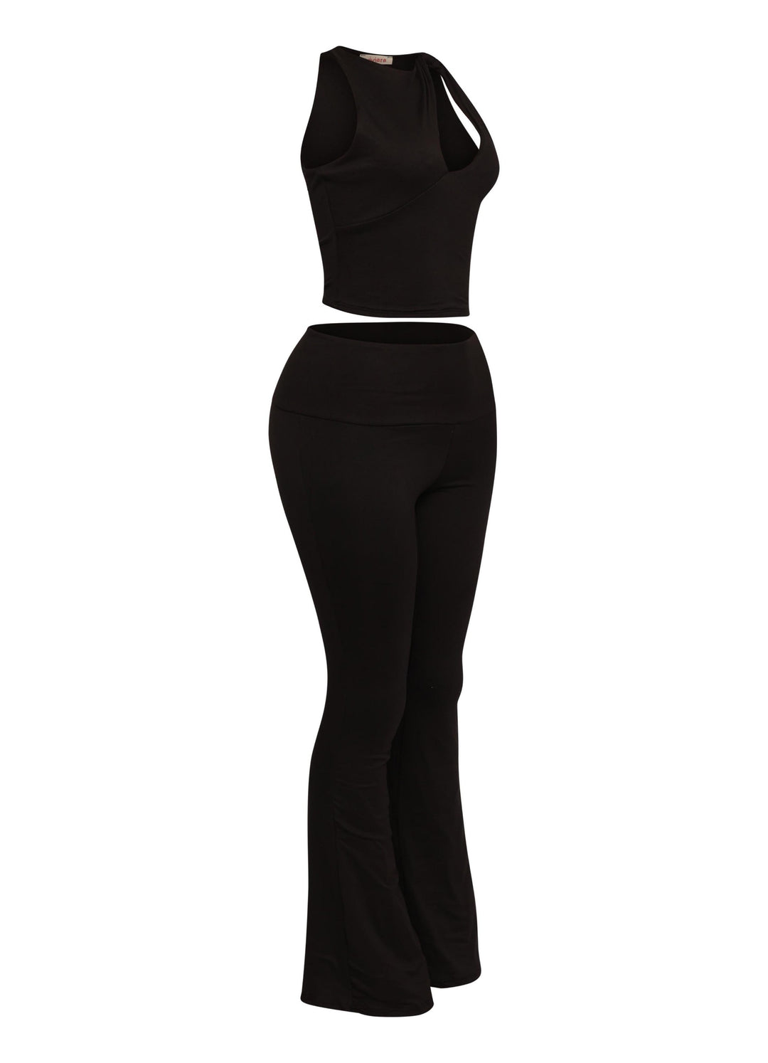 Sexy black sleeveless top and flare pants with wide waistband, made from stretch knit


