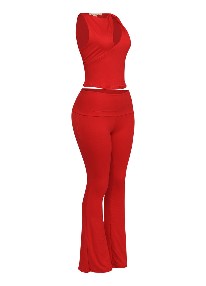 Red co-ord with deep cut-out crop top and high-rise foldover waistband pants

