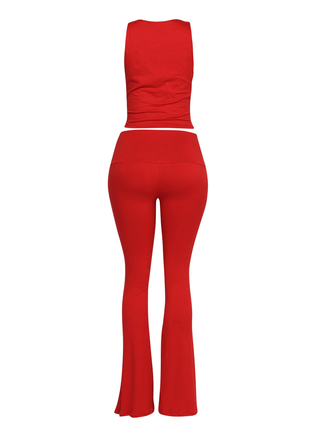 Flattering red twist-strap top and flare pants in soft stretch jersey, perfect for party looks

