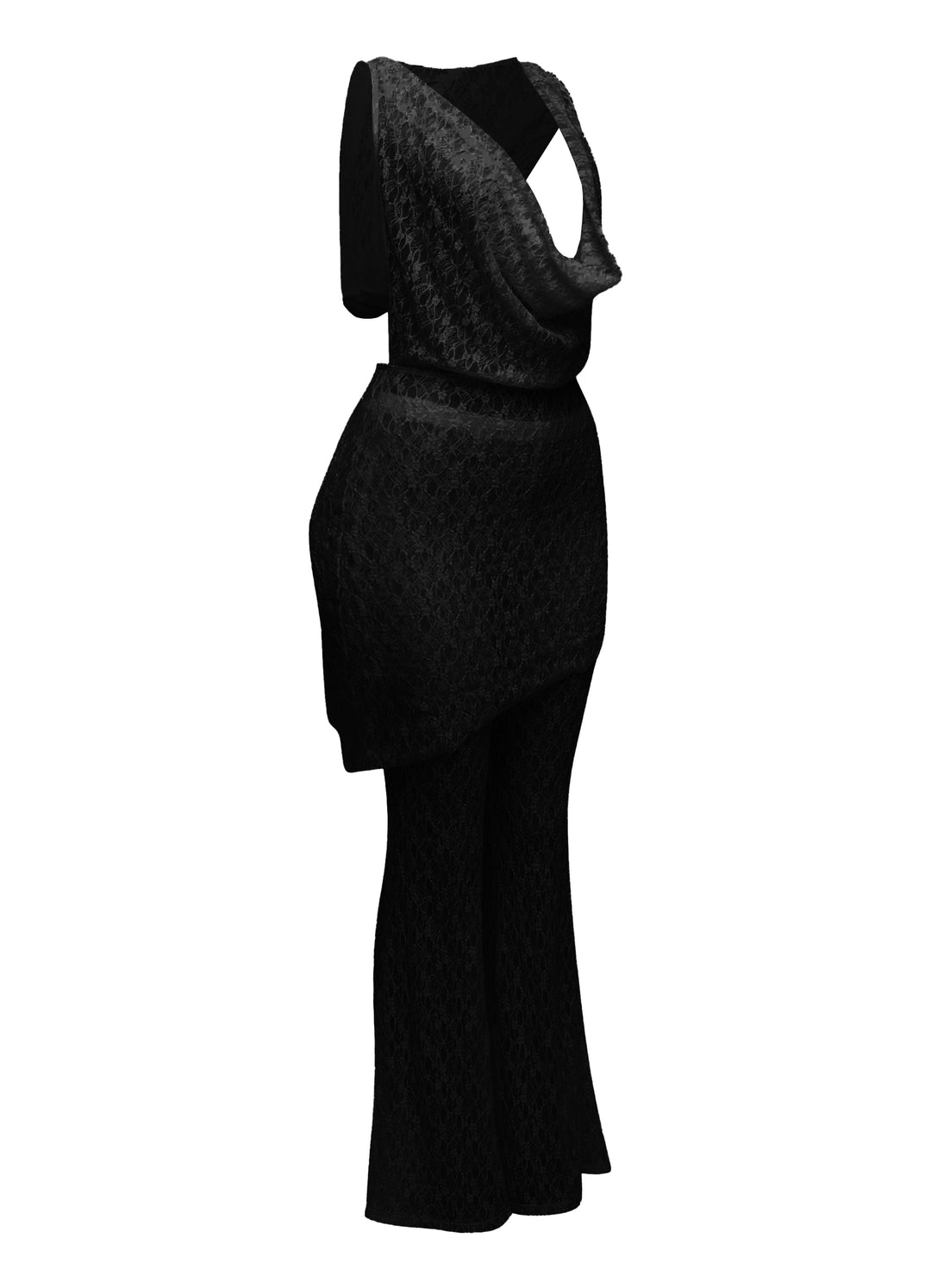 Hooded cowl neck openback lace top and flared pant set