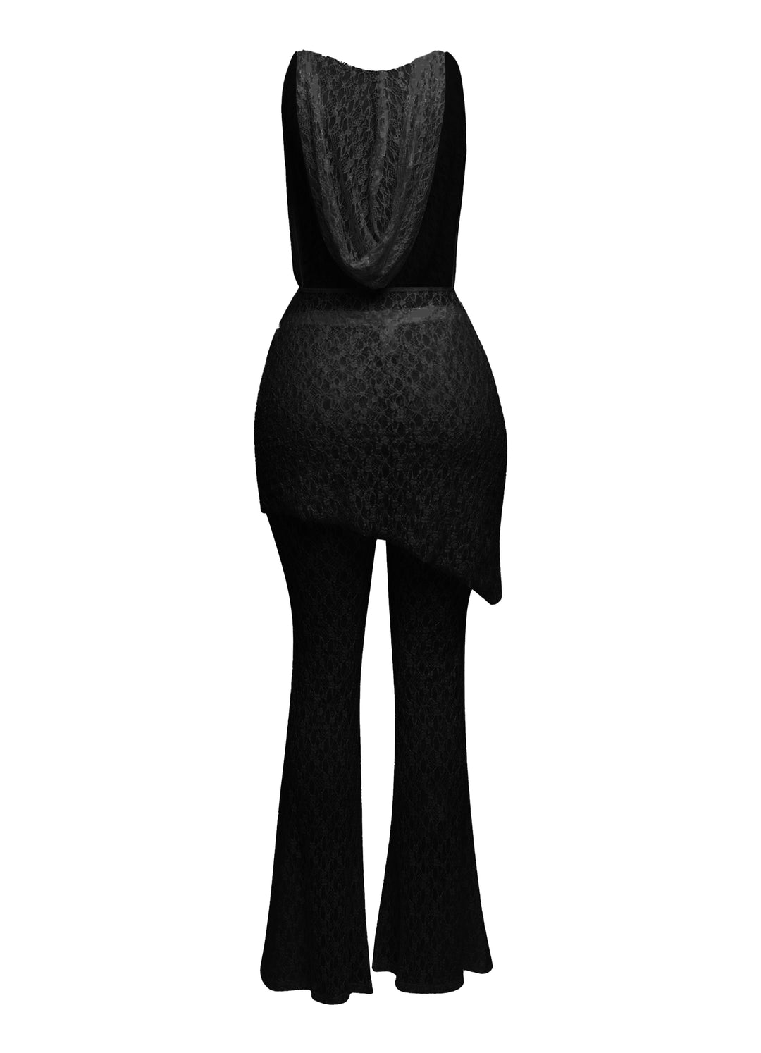 Hooded cowl neck openback lace top and flared pant set