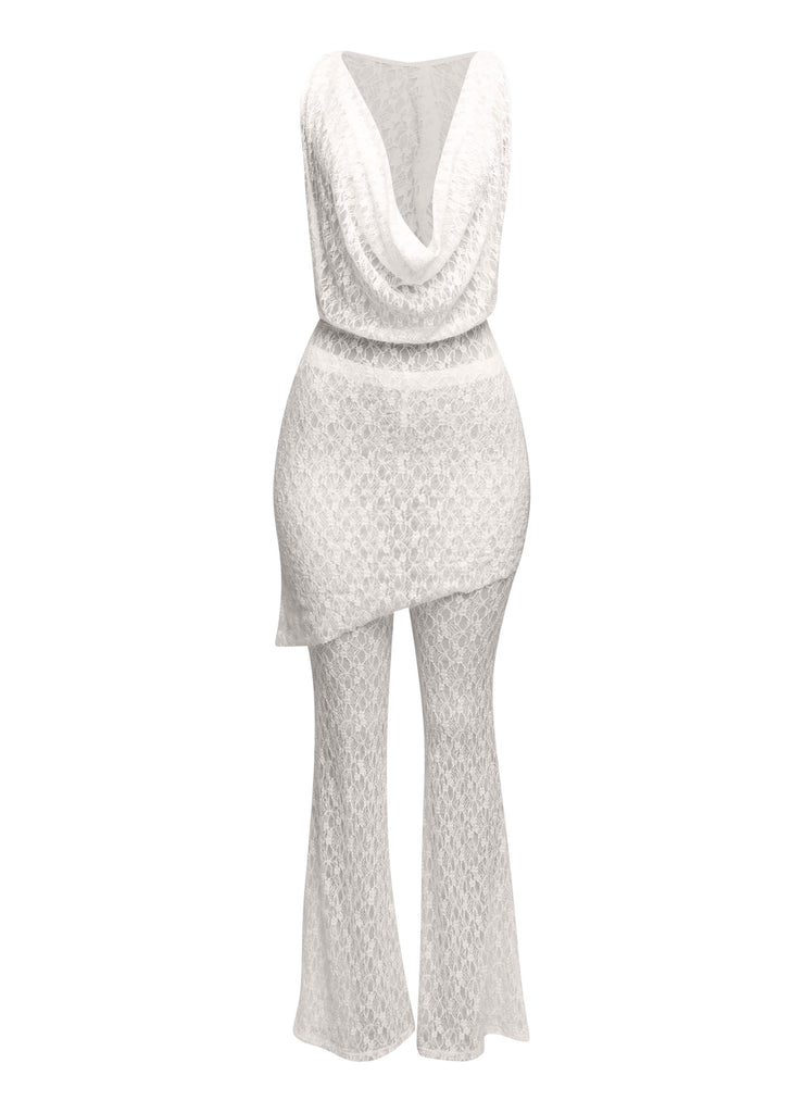 Hooded cowl neck openback lace top and flared pant set