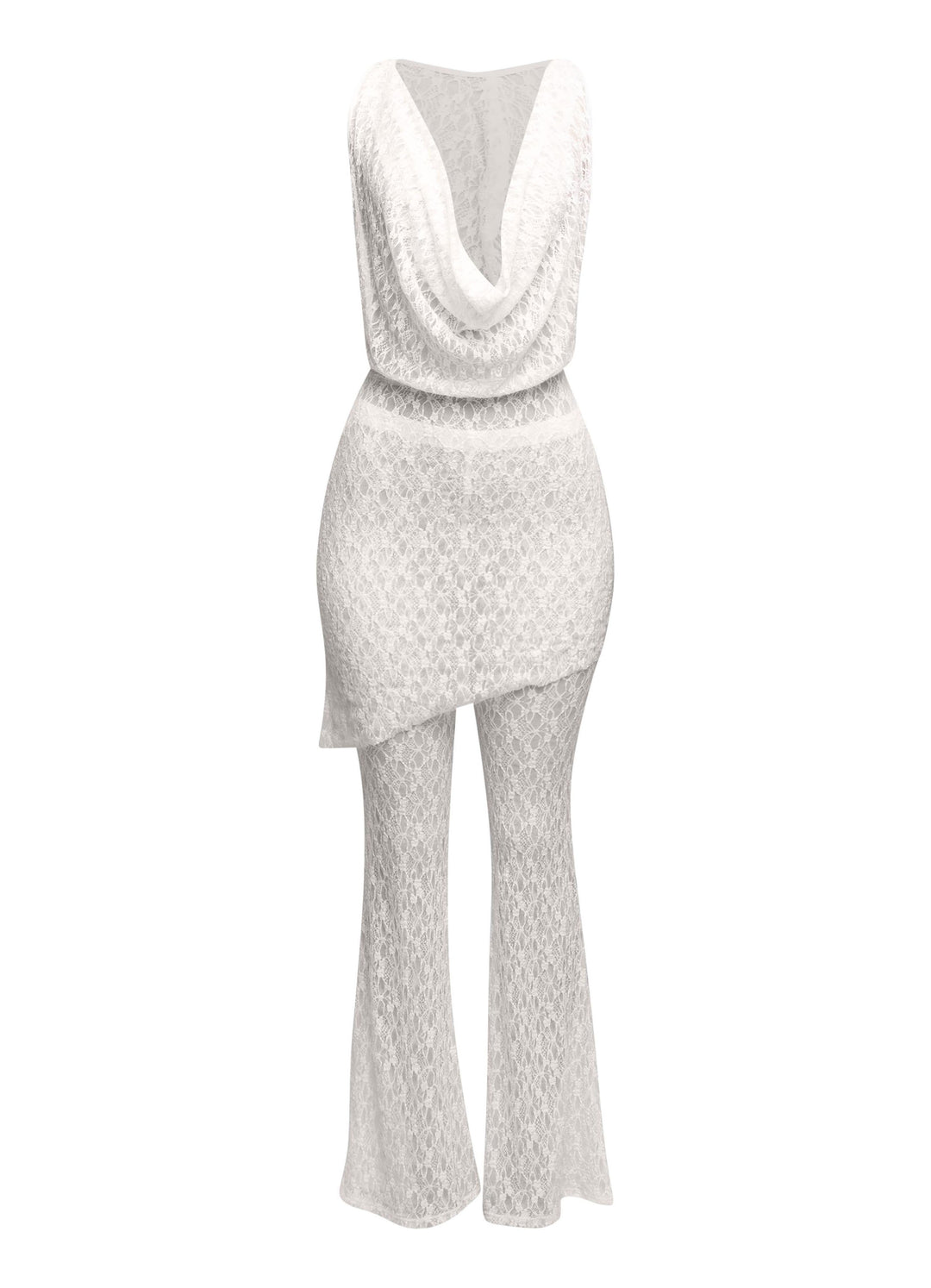 Hooded cowl neck openback lace top and flared pant set