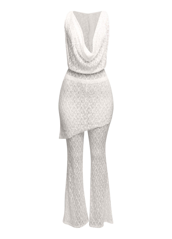 Hooded cowl neck openback lace top and flared pant set