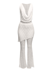 Hooded cowl neck openback lace top and flared pant set