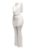 Hooded cowl neck openback lace top and flared pant set