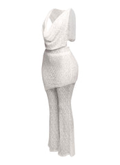 Hooded cowl neck openback lace top and flared pant set
