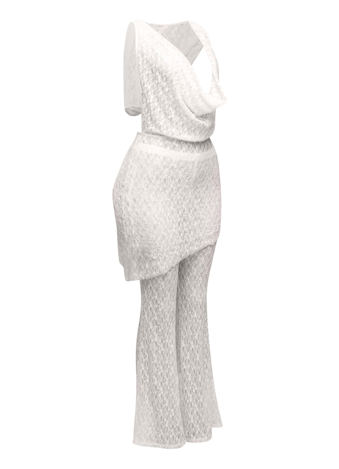 Hooded cowl neck openback lace top and flared pant set