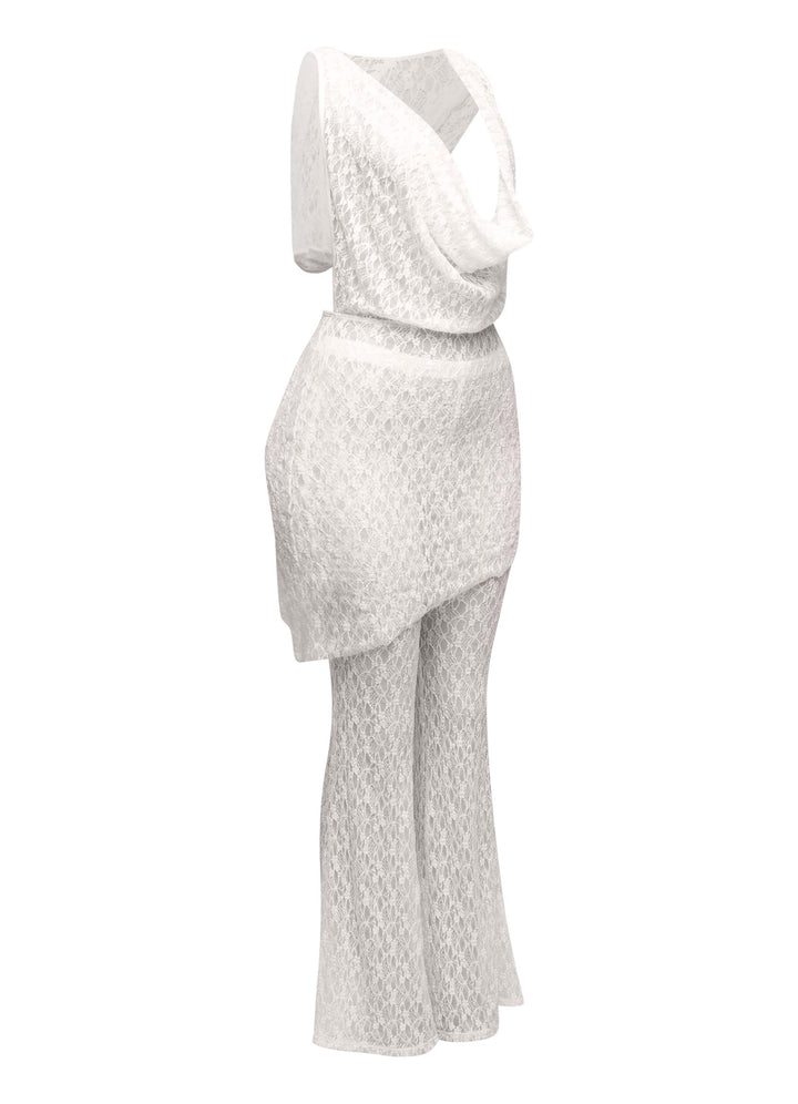 Hooded cowl neck openback lace top and flared pant set