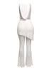 Hooded cowl neck openback lace top and flared pant set