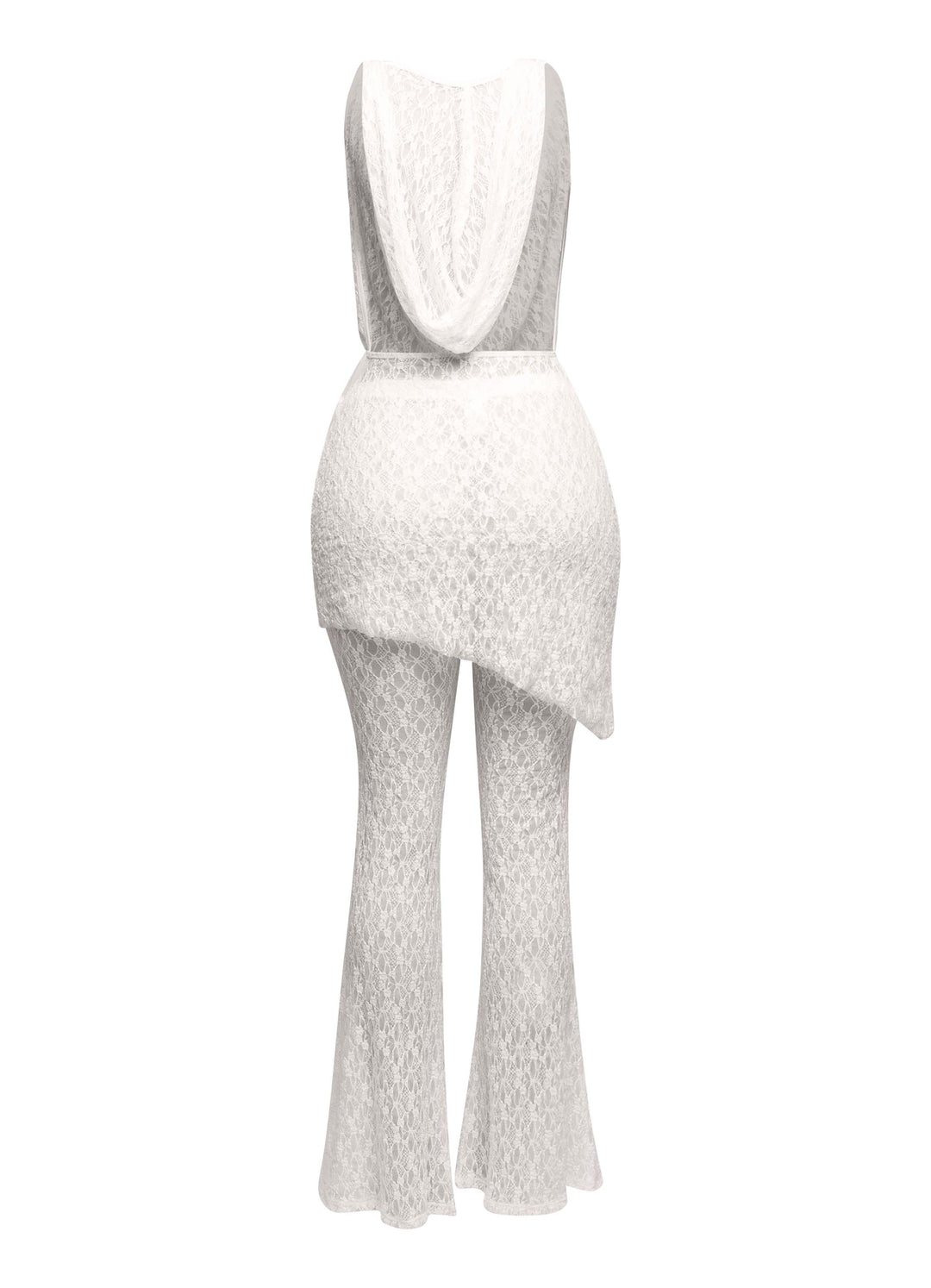 Hooded cowl neck openback lace top and flared pant set