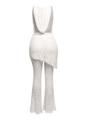 Hooded cowl neck openback lace top and flared pant set