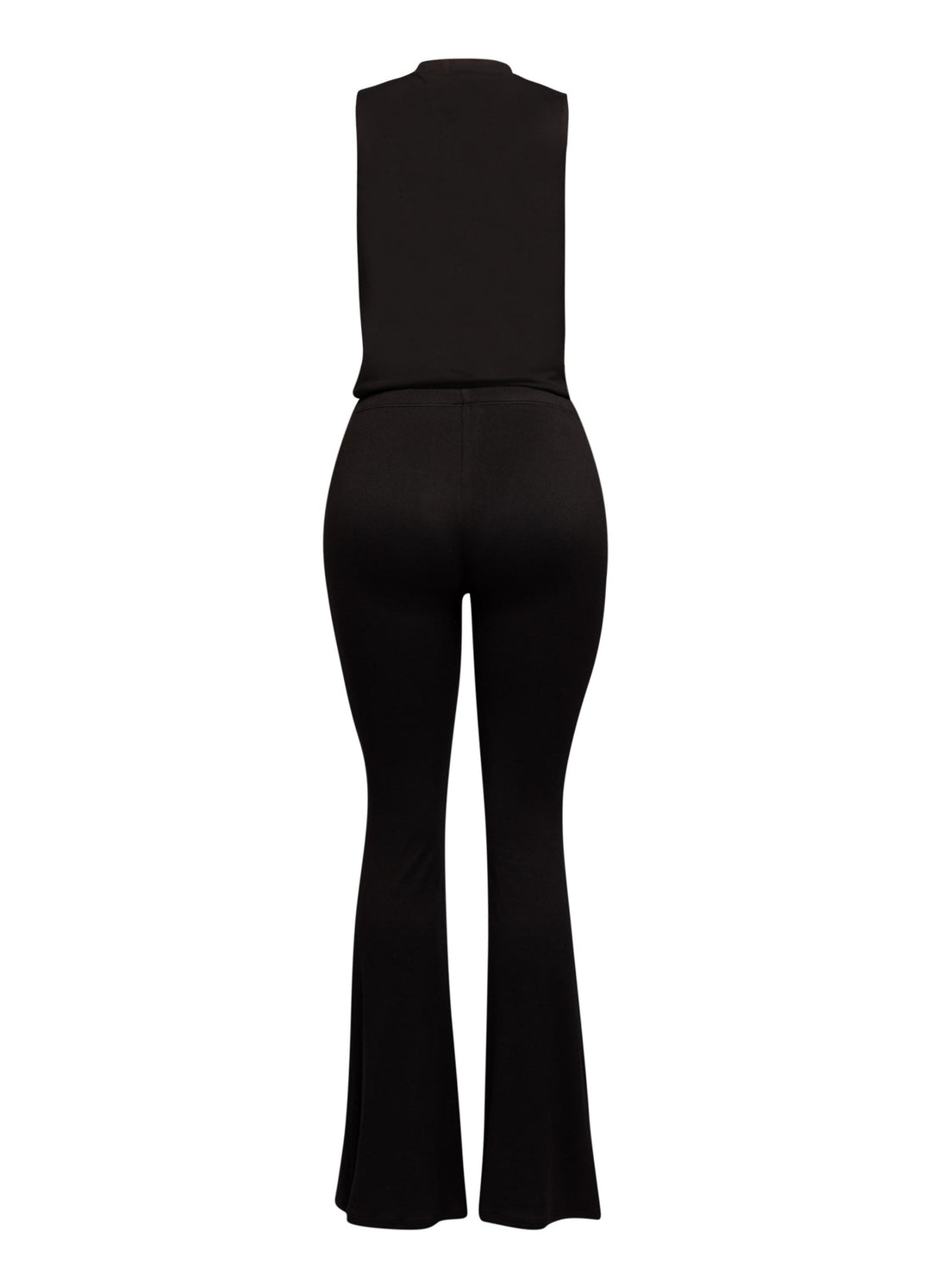 Minimal black matching set with plunging neckline and soft flared trousers