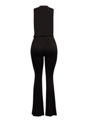 Minimal black matching set with plunging neckline and soft flared trousers