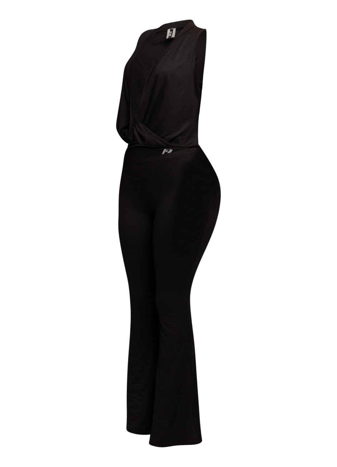 Black V neck two-piece outfit with elastic waistband pants and twisted crop hem