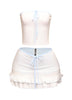 White pastel trim mini set with light blue piping, tie-front bandeau, and ruffled hem skirt