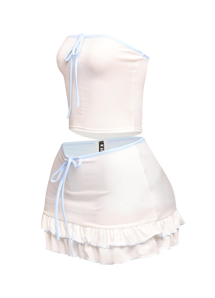 Dreamy white and blue co-ord set with delicate piping, comfy pull-on fit, and feminine flared hem