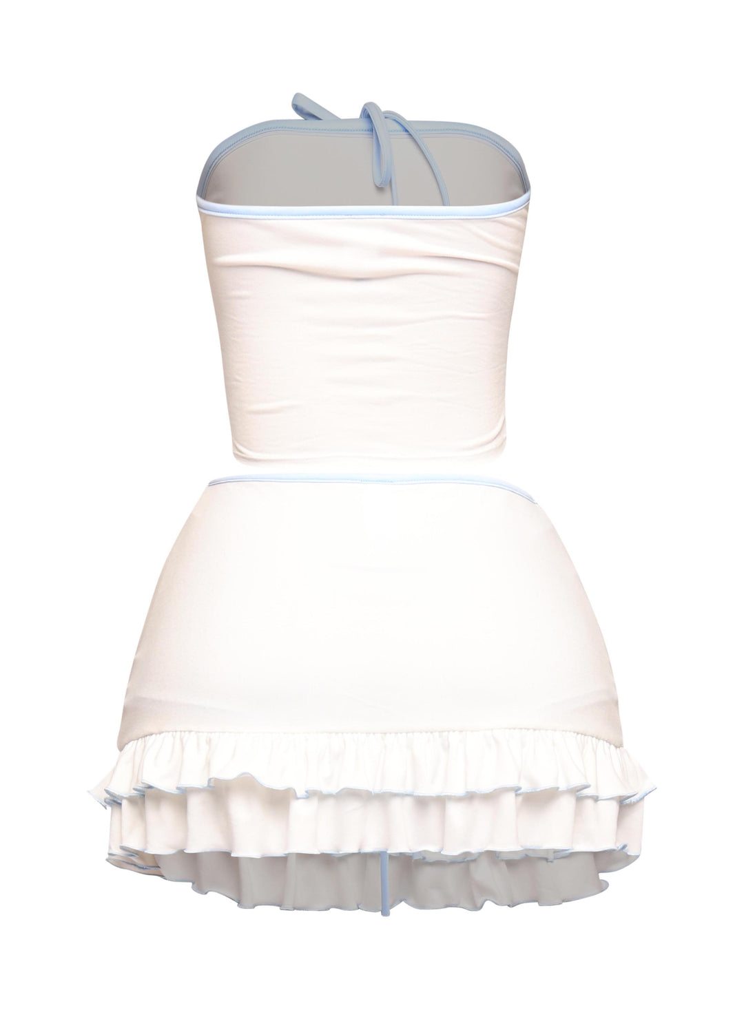 White two-piece with powder blue contrast edges, soft stretch fabric, and midrise skirt with girly ruffles