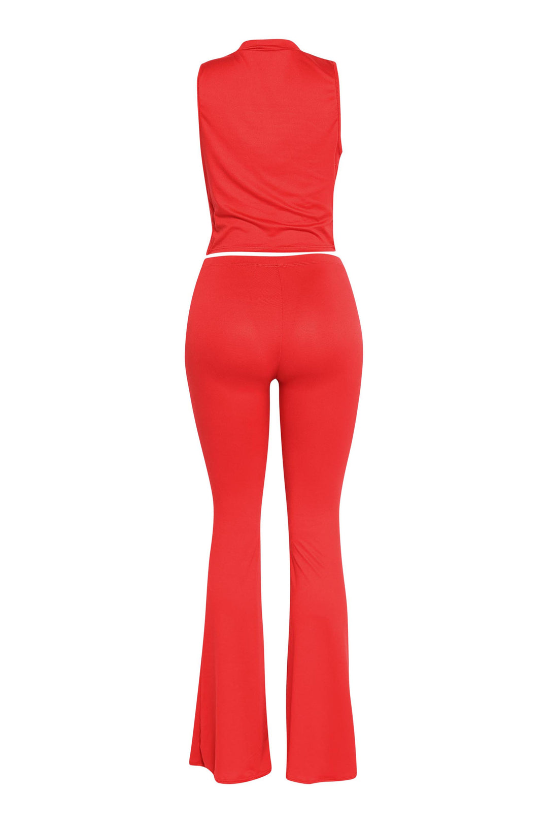 Red two-piece outfit with pull-on crop top and long inseam stretch pants
