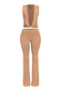 Camel brown twist front top and flare pant set in soft stretch knit