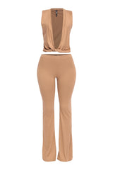 Camel brown twist front top and flare pant set in soft stretch knit
