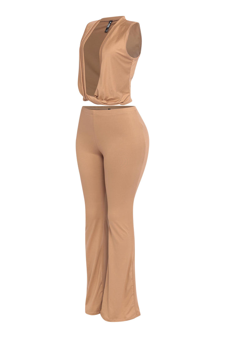 Neutral camel V neck co-ord set with twist detail and sleek flared leg fit