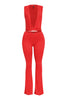 Bright red two-piece set with high-rise pants and fitted deep V front top