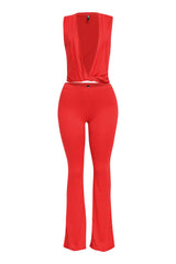 Bright red two-piece set with high-rise pants and fitted deep V front top