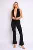 Black deep V front twisted top and stretchy flare pants set for night out

