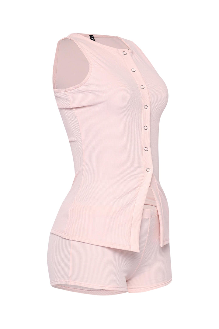 Light pink cotton lounge tank and mini shorts with flattering bodycon fit