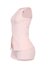 Blush pink sleepwear set with snap front top and stretch shorts