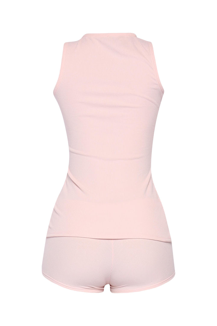  Rib knit pink two-piece with scoop neck top and button detail