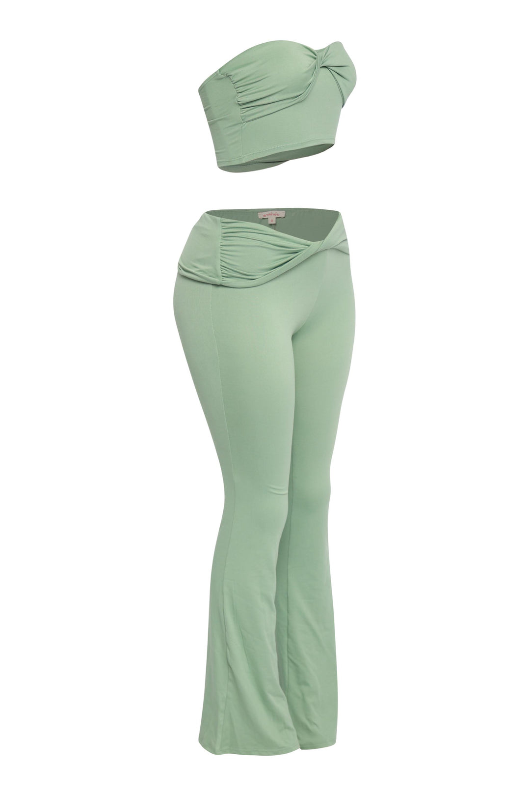 Fresh sage green flared pant set with sleeveless top and pull-on styling

