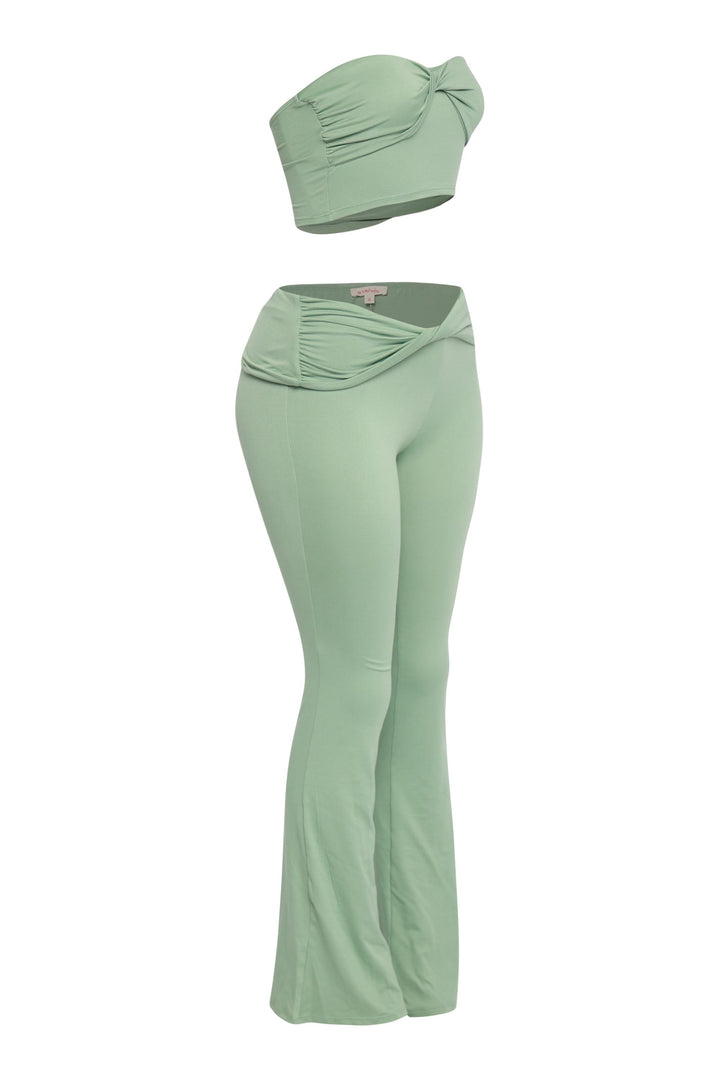Fresh sage green flared pant set with sleeveless top and pull-on styling

