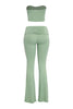 Soft sage green tube top and flared pant outfit with crossover waist detail

