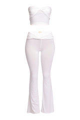 Bright white lounge outfit featuring twisted front top and sleek bottom

