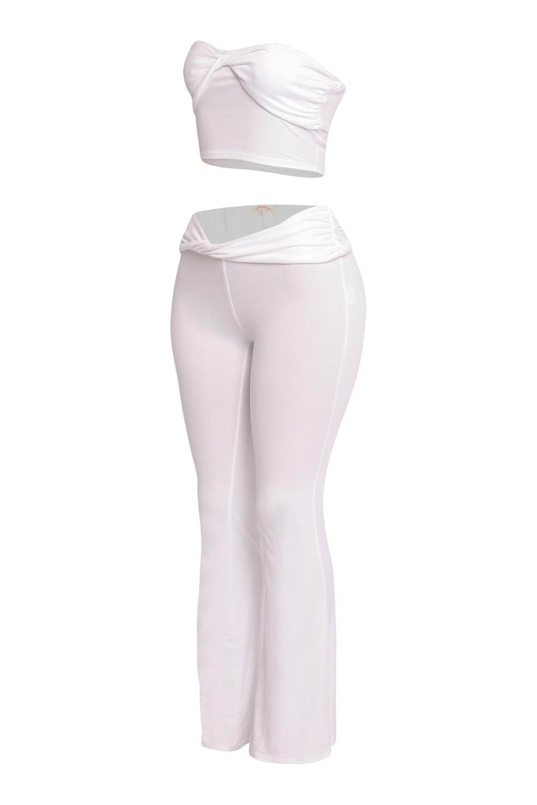 Minimalist white tube top and flared pant set with pull-on design

