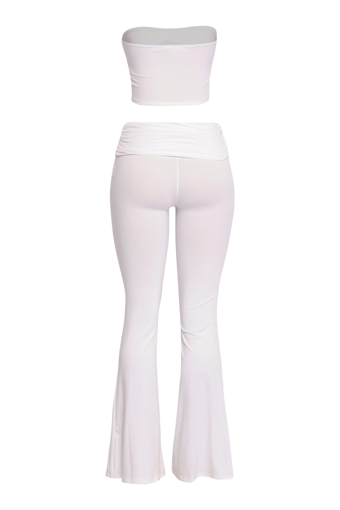 Clean white bandeau and flare pant outfit with elevated basics vibe

