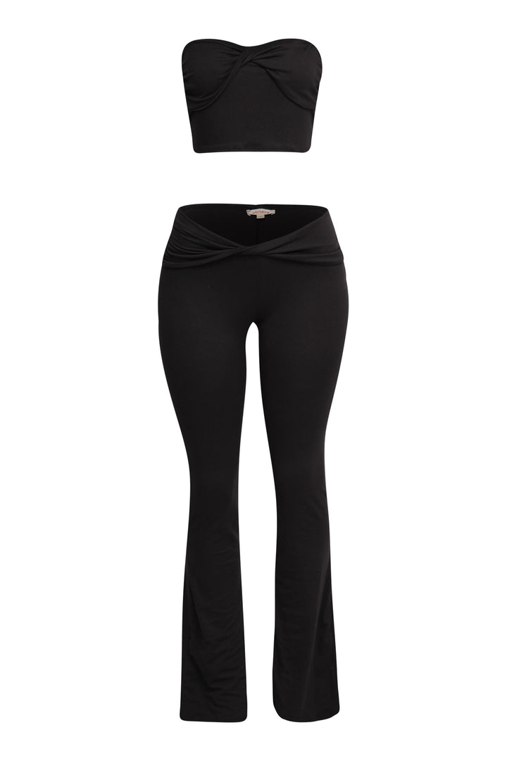 Black matching set with twisted front strapless top and soft flared leg

