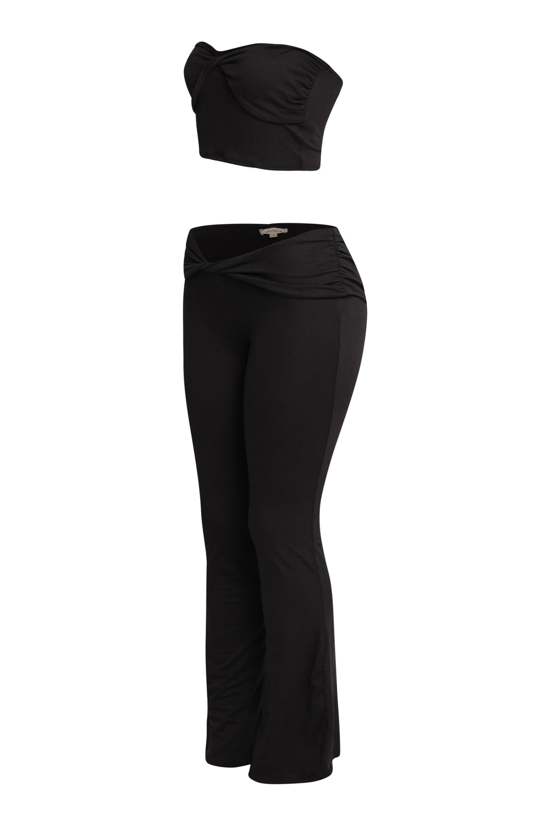Curve-hugging black co-ord set featuring pull-on crop and relaxed pants

